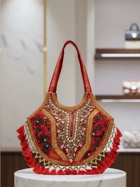 Handcrafted Embroidery Beaded Banjara Boho Shoulder Bag Red & Gold